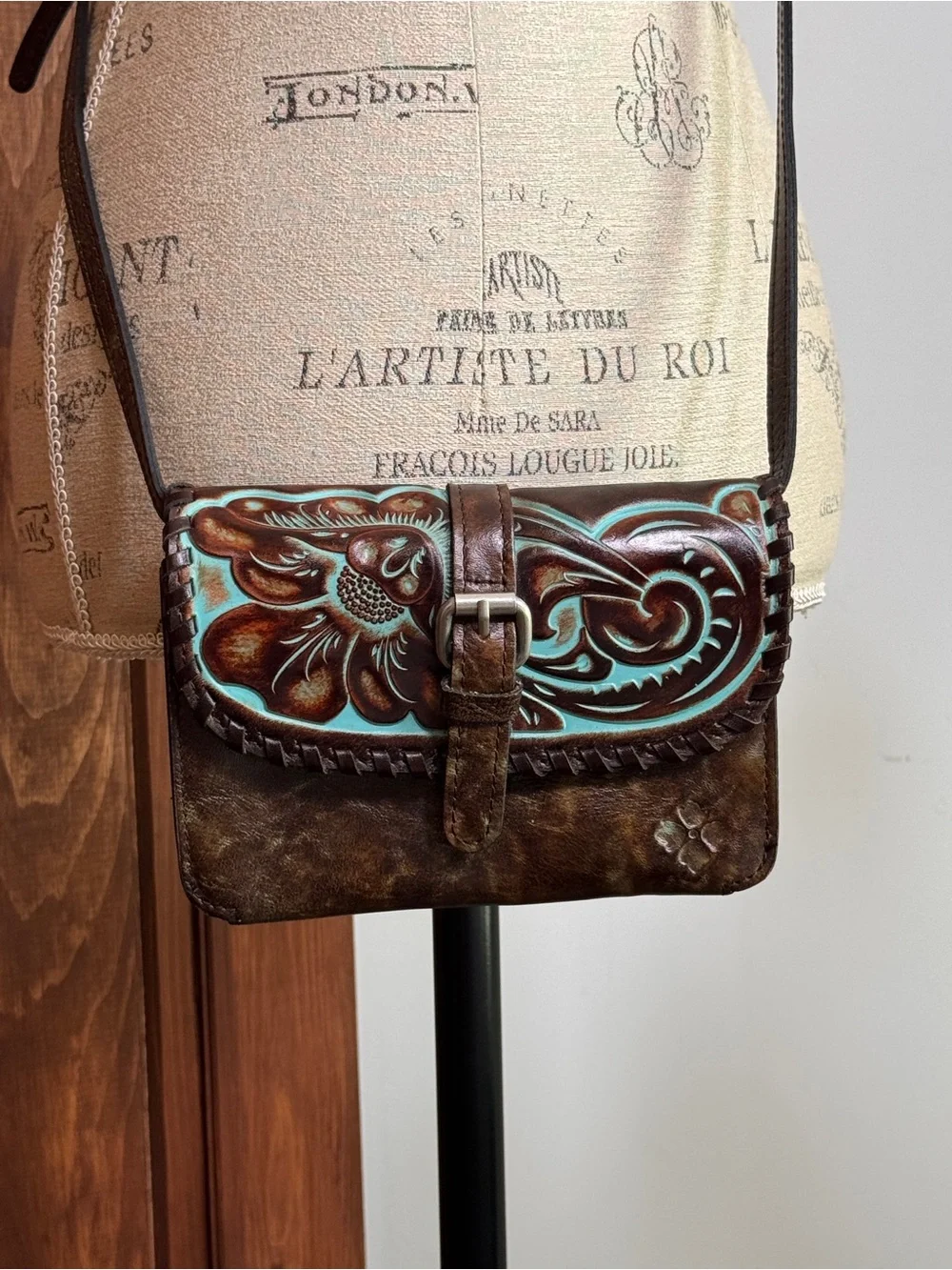 Patricia Nash Brown Leather Crossbody with Turquoise Tooled Floral